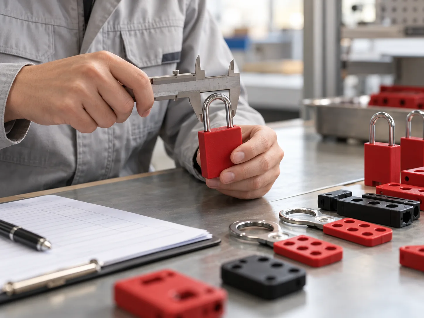 AI-generated illustration of a technician measuring a safety padlock shackle