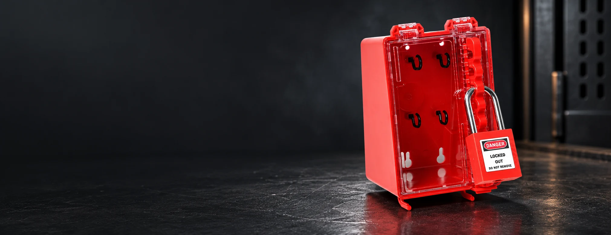 Lockout Box & Station products on a dark studio display; AI-restaged from BOYUE product photos