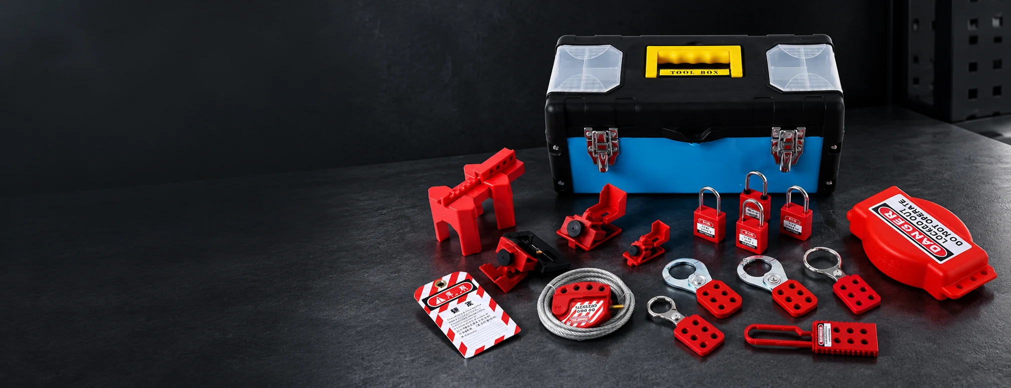 Lockout Kit products on a dark studio display; AI-restaged from BOYUE product photos