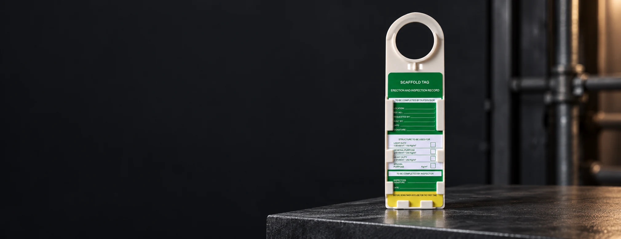 Scaffolding Tags & Lockout Tags products on a dark studio display; AI-restaged from BOYUE product photos