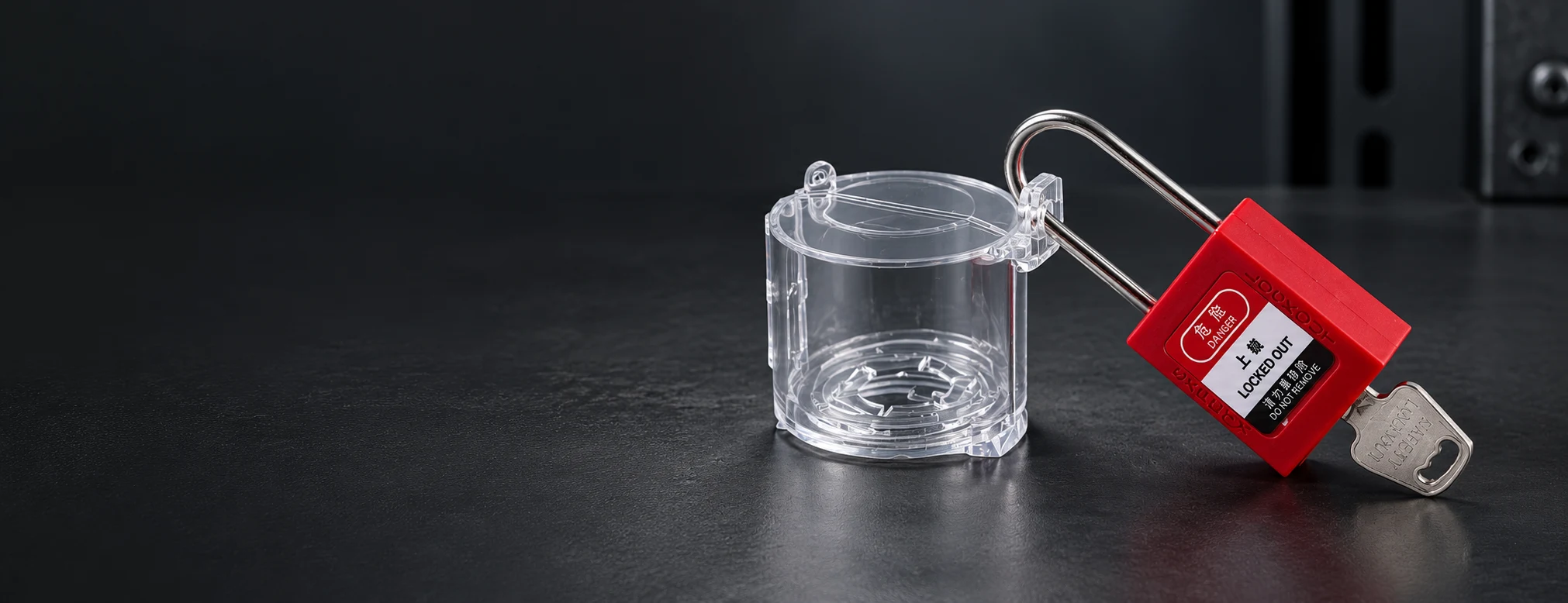 Switch, Button & Plug Lockout products on a dark studio display; AI-restaged from BOYUE product photos