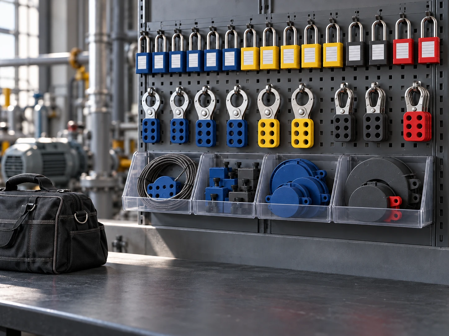 Organized blue yellow black and red lockout equipment — AI illustration
