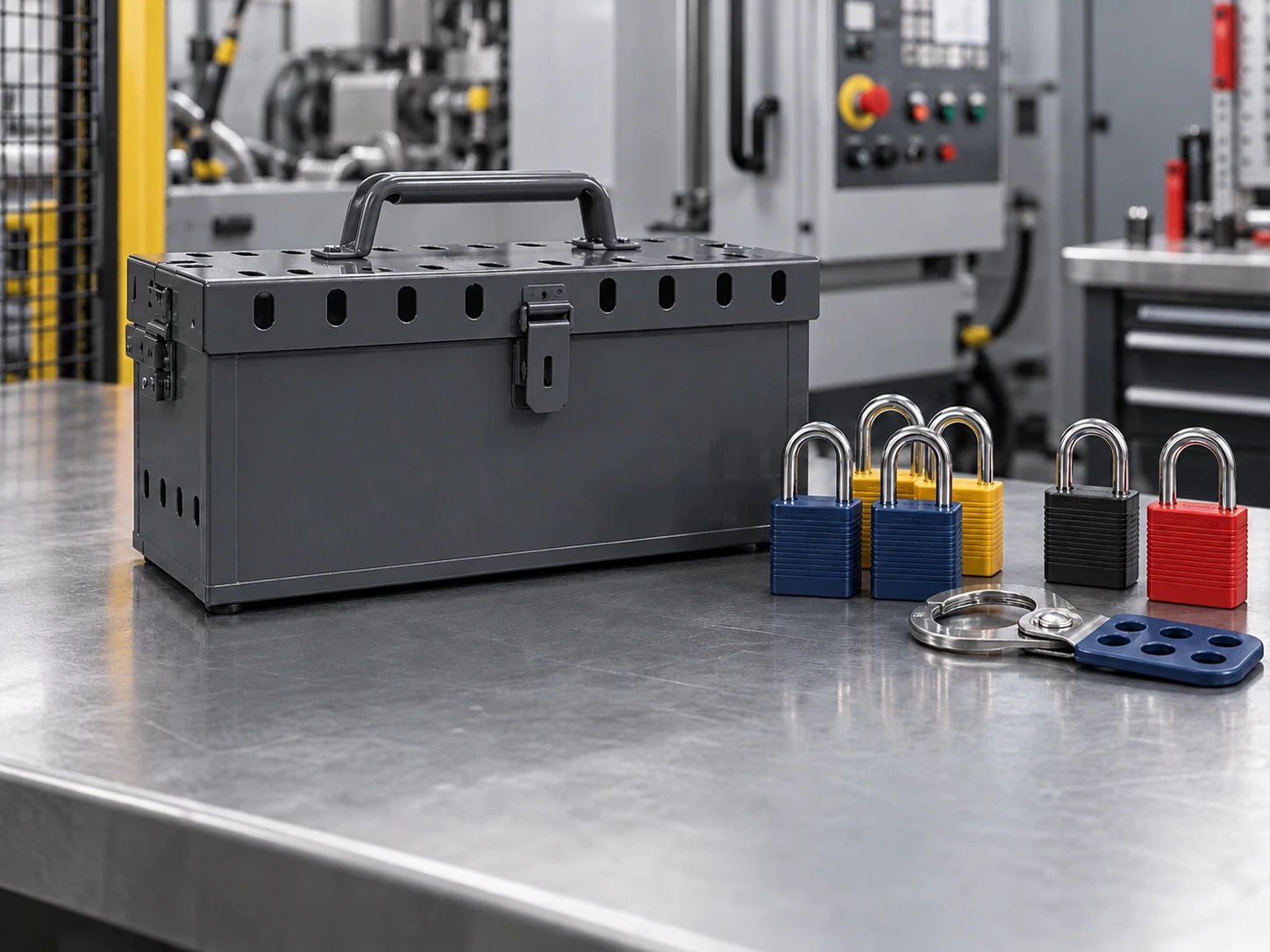 Charcoal group lockout box with multicolor padlocks — AI illustration