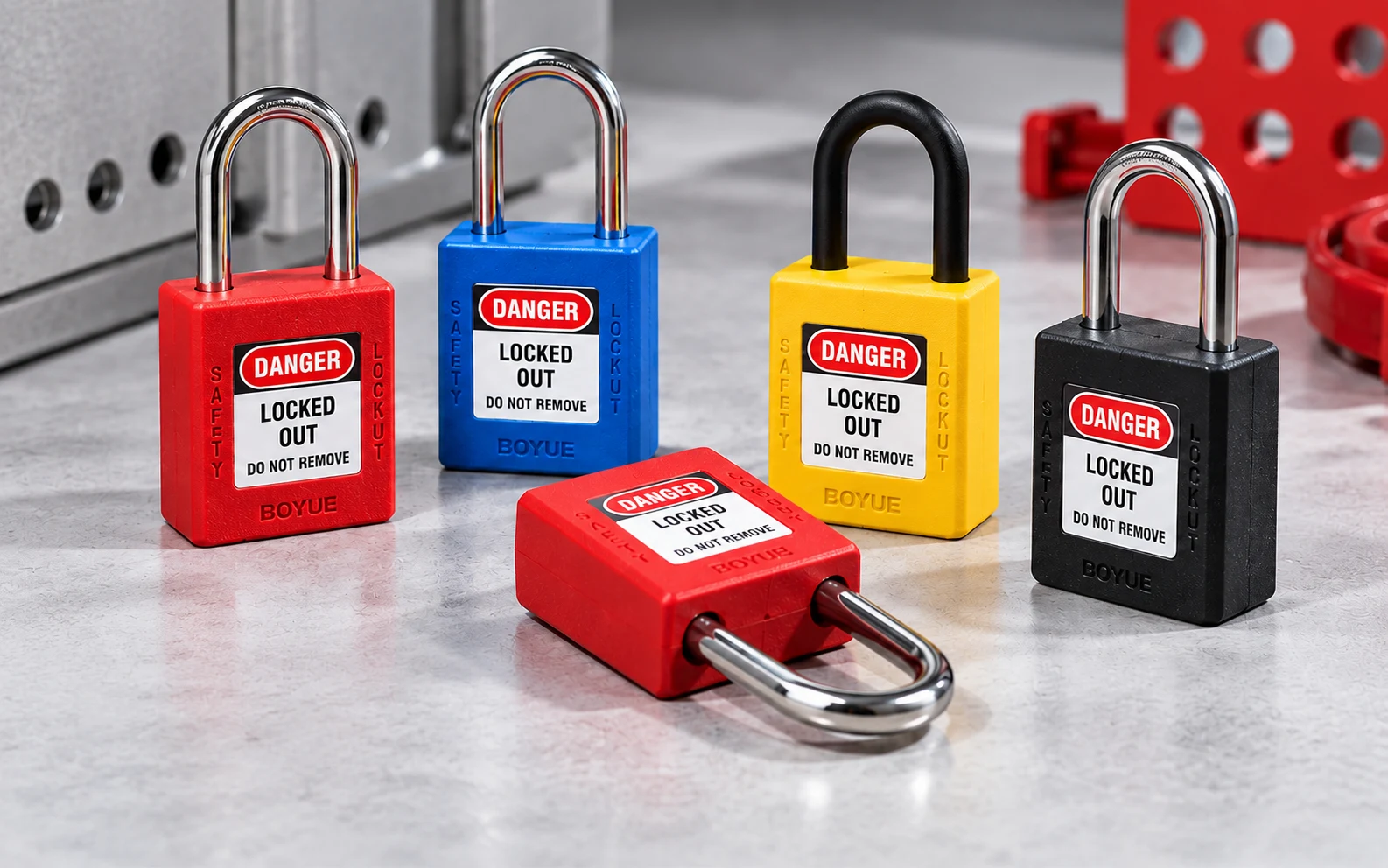 Safety padlock arrangement on a light industrial workbench; AI-generated comparison illustration